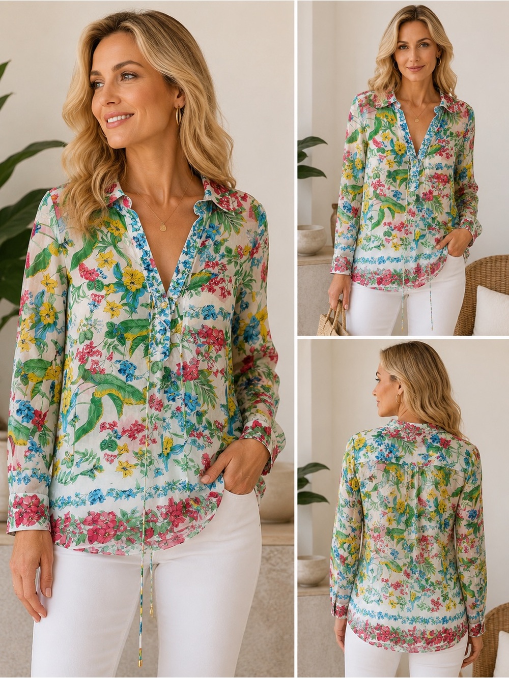 Kobi Halperin Floral Button-Down Blouse - White, Green, Pink, Yellow, Blue